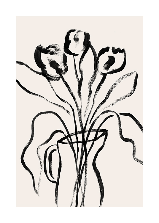  – Piirros mustista kukista mustassa maljakossa beigellä taustalla