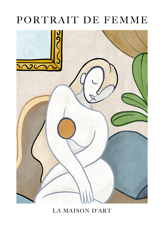  – Abstrakti piirros naisen muotokuvasta valkoisena ja beigenä