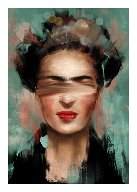  – Abstrakti maalaus Frida Kahlosta vihreällä ja vaaleanpunaisella taustalla