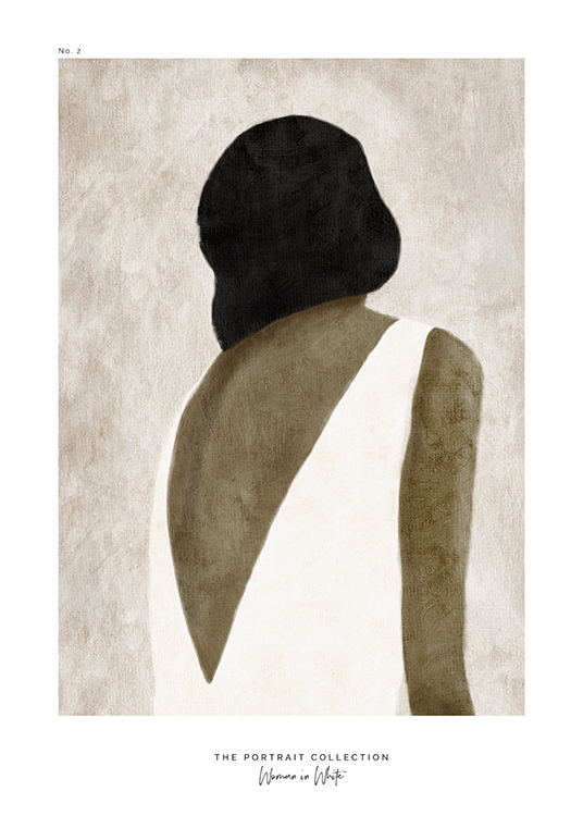  – Piirros naisesta valkoisessa mekossa kuvattuna takaapäin beigellä taustalla