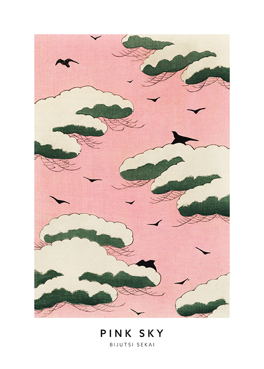  – Piirros vihreistä ja valkoisista pilvistä ja mustista linnuista vaaleanpunaisella taivaalla