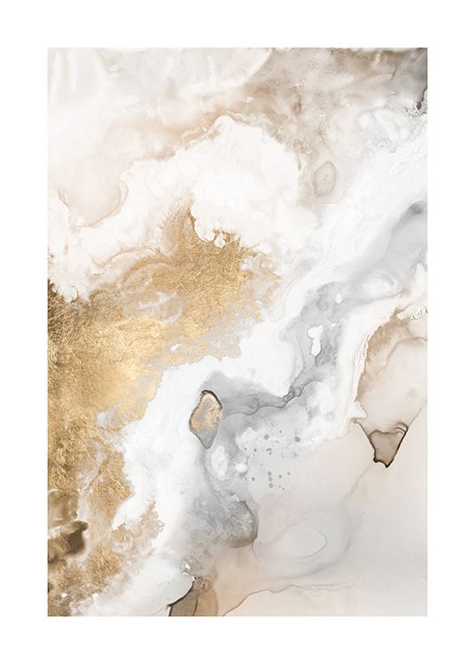  – Abstrakti maalaus leviävistä valkoisista, beigeistä ja kultaisista väreistä