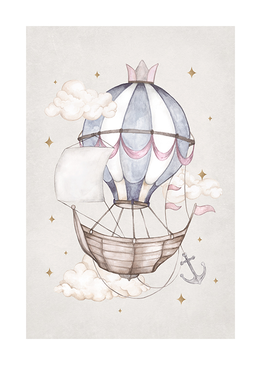  – Piirros kuumailmapallon kannattelemasta laivasta pilvien ja kimalteiden keskellä