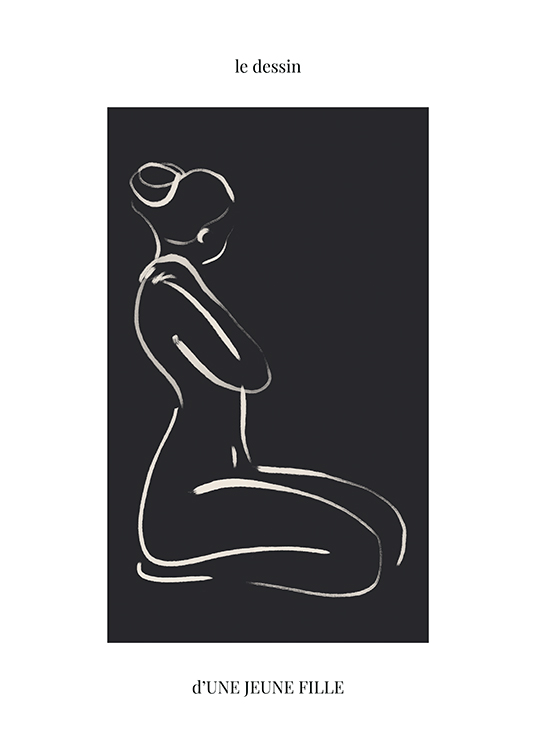  – Viivapiirros polvillaan istuvasta alastomasta naisesta mustalla ja vaalealla taustalla