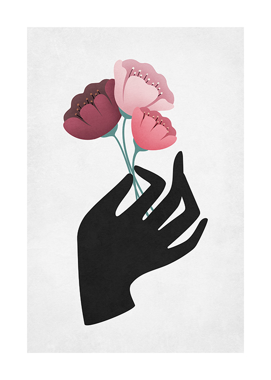  – Piirros kolmesta vaaleanpunaisesta kukasta mustassa kädessä vaaleanharmaalla taustalla