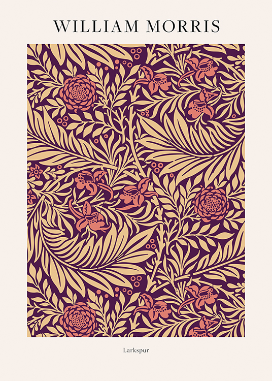  – Piirros vaaleanpunaisista kukista ja beigeistä lehdistä tummanvioletilla taustalla
