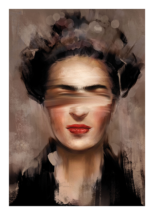  – Abstrakti muotokuva Frida Kahlosta punaisissa huulissaan beigellä ja ruskealla taustalla