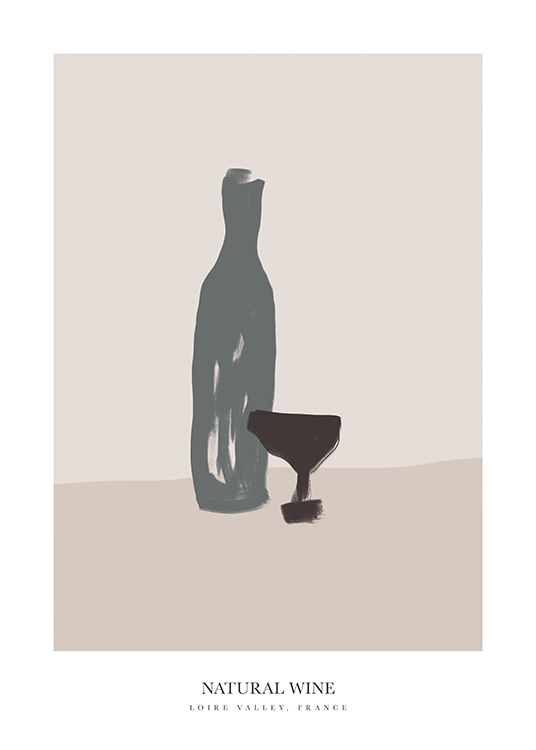  – Piirros harmaasta viinilasista ja -pullosta beigellä taustalla
