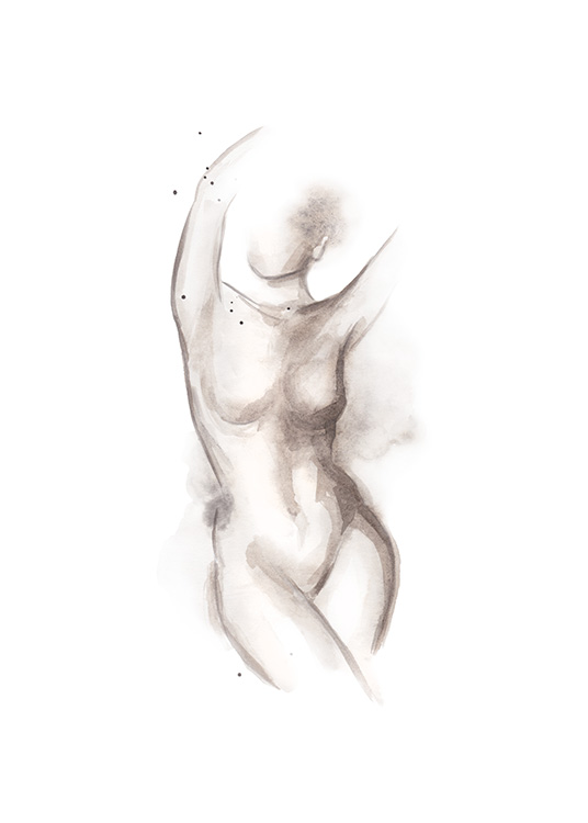  – Luonnos alastomasta naisvartalosta ja ylös ojennetusta kädestä vasten valkoista taustaa