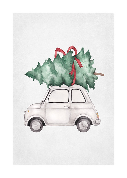  – Piirros pienestä autosta ja vihreästä, punaisella rusetilla sidotusta joulukuusesta sen katolla