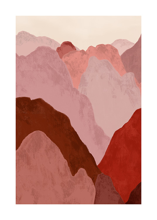  – Piirros vaaleanpunaisesta ja punaisesta, abstraktista vuorimaisemasta