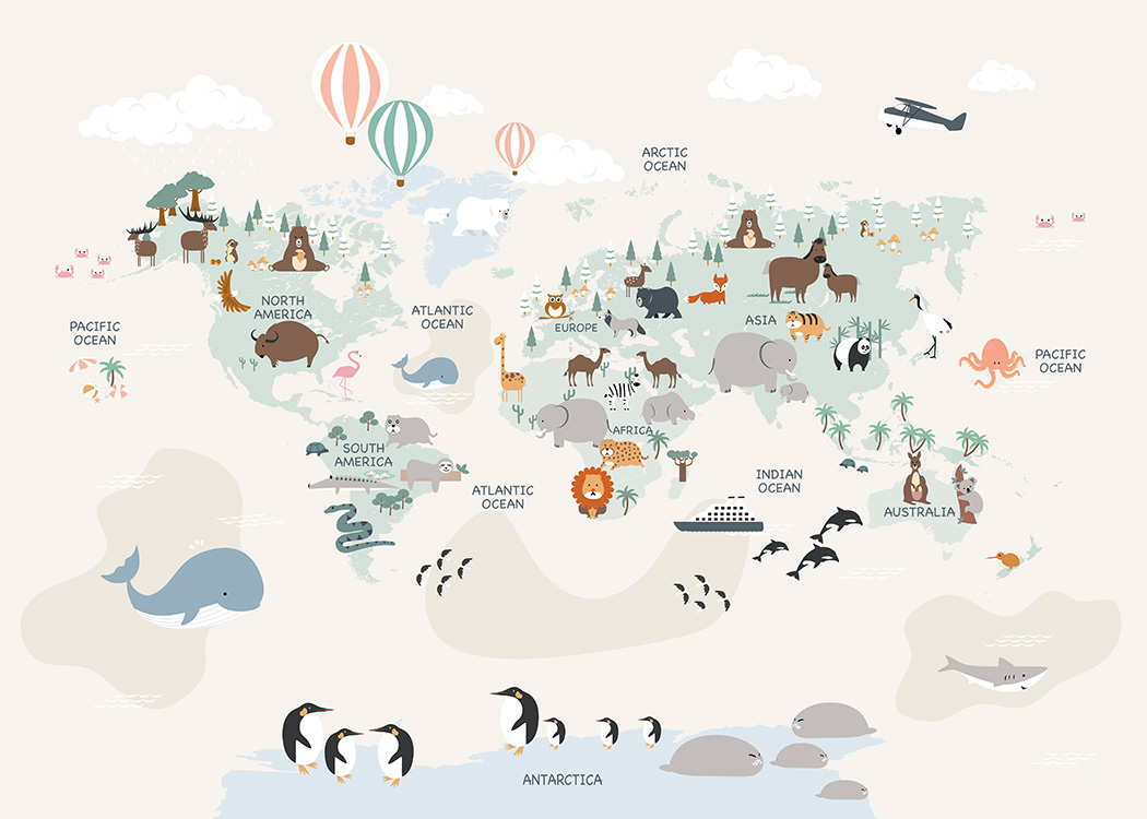  – Piirros maailmankartasta ja mantereitten eläimistä
