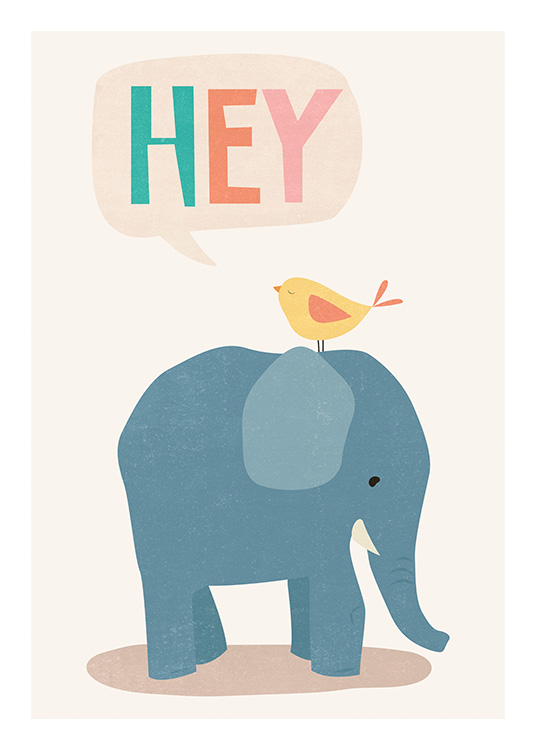  – Piirros sinisen elefantin selässä istuvasta keltaisesta linnusta ja sanasta 