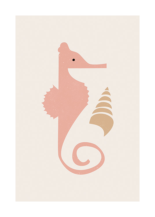  – Graafinen piirros beigestä simpukasta ja vaaleanpunaisesta merihevosesta vaaleanbeigellä taustalla