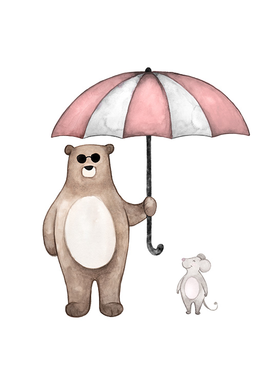  – Akvarellimaalaus pienestä hiirestä ja karhusta aurinkolaseissa seisomassa sateenvarjona alla