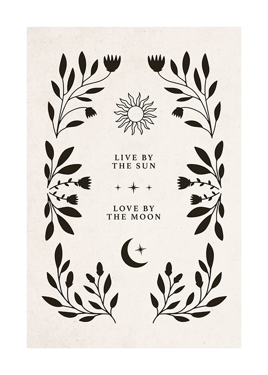  – Graafinen piirros, jossa tekstiä, kuu ja aurinko kukka – ja lehtikehyksen ympäröimänä