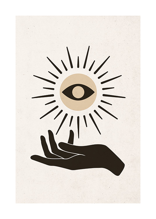 – Graafinen piirros auringosta ja sen silmästä ja mustasta kädestä sen alapuolella