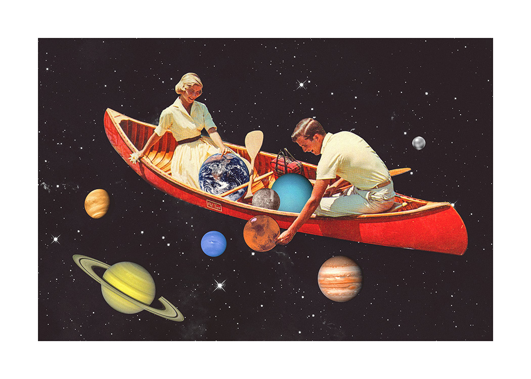  – Piirros naisesta ja miehestä punaisessa kanootissa avaruus ja planeetat ympärillään