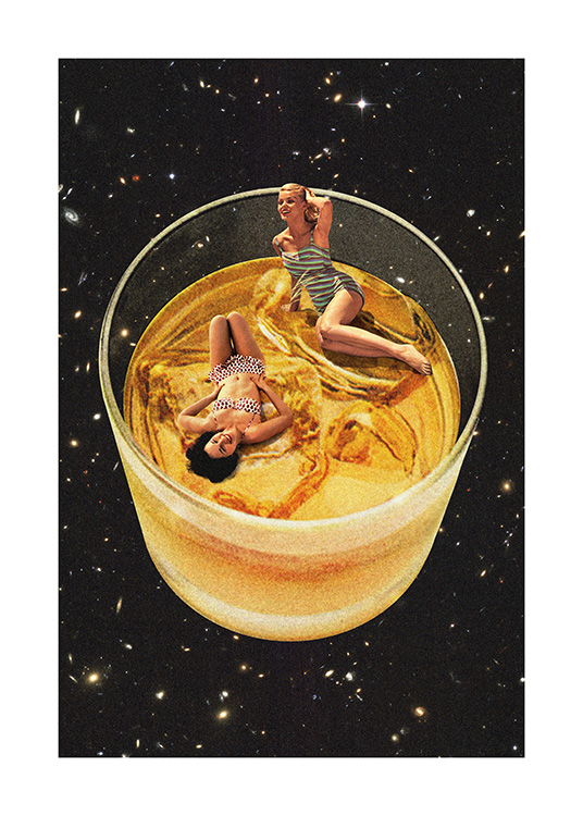  – Piirros viskilasista avaruudessa ja kahdesta naisesta vintageuimapuvuissaan viskilasissa