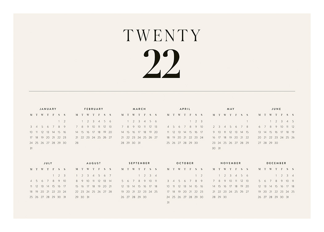  – Beige 2022-vuosikalenteri, jossa kuukaudet ja päivät mustalla tekstillä