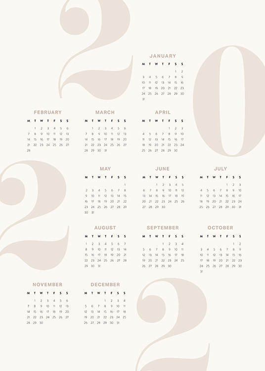  – Vuosikalenteri vuodelle 2022 mustalla tekstillä beigellä taustalla ja beigeillä numeroilla