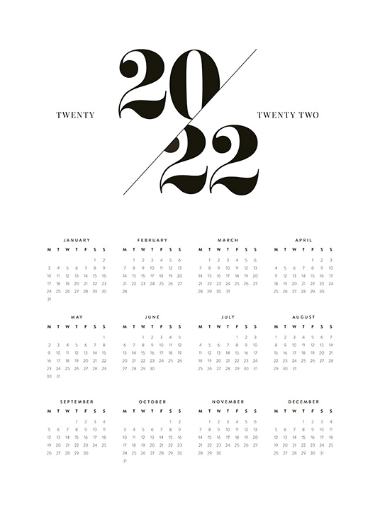  – Vuosikalenteri vuodelle 2022, jossa kuukaudet ja päivät mustalla tekstillä vasten valkoista taustaa