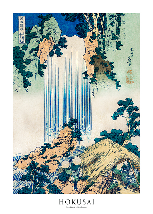 – Hokusain maalaus sinisestä vesiputouksesta abstraktissa maisemassa ja tekstillä alareunassa