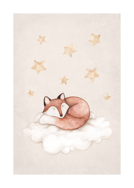 – Akvarellipiirros nukkuvasta ketusta pilven päällä tähtiä yläpuolellaan