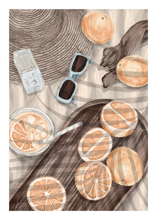 – Piknik-juliste appelsiineilla ja tarvikkeilla