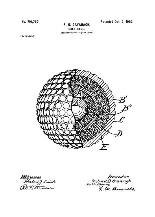 Golf Ball Patent Juliste / Mustavalkoiset Osoitteessa Desenio ab (2134)