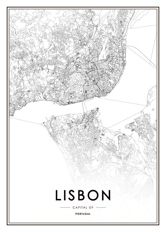 Lisbon Map Juliste / Mustavalkoiset Osoitteessa Desenio ab (3354)