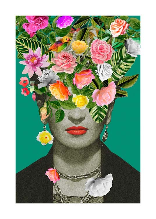  – Graafinen kuvitus kukkien peittämästä Frida Kahlosta vasten vihreää taustaa