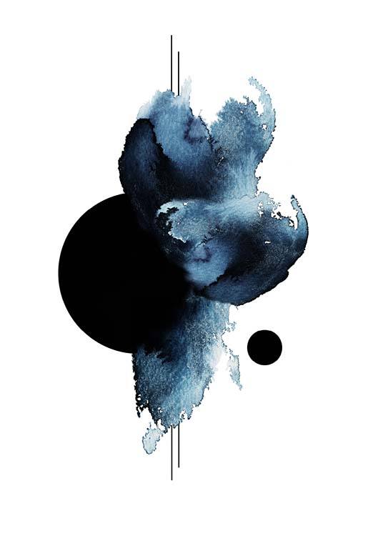 – Akvarellimaalaus abstrakteista sinisistä ja mustista muodoista valkoisella taustalla