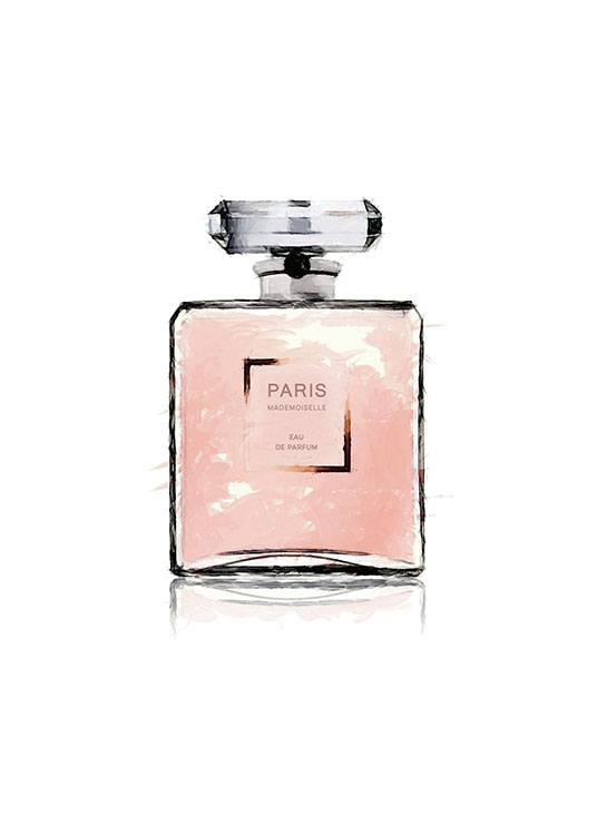  – Vaaleanpunainen akvarellikuvitus hajuvesipullosta, jossa sana PARIS