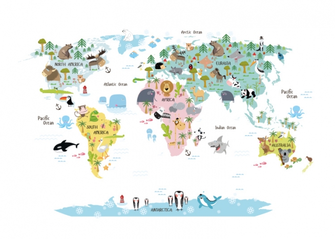  – Maailmankartta kuvitetuilla mantereilla ja niiden eläimillä