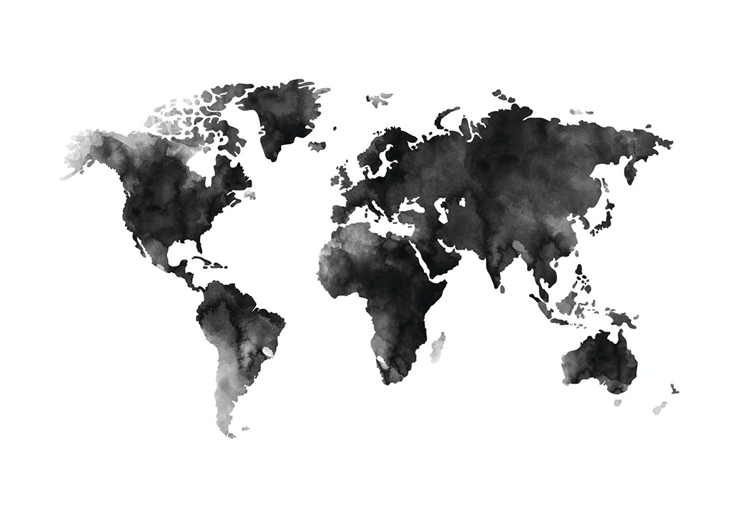  – Mustavalkoinen akvarellimaalaus maailmankartasta