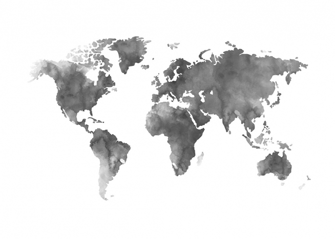  – Akvarellimaalaus harmaasta maailmankartasta valkoisella taustalla