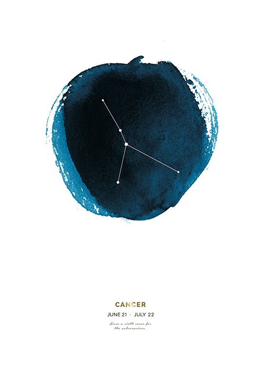 – Kuvitus Rapu-horoskooppimerkistä sinisessä ympyrässä ja teksti alapuolella