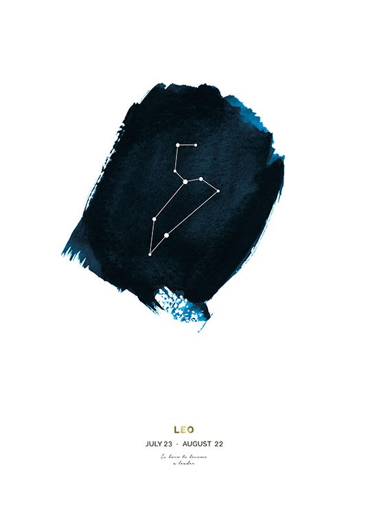– Leijona-horoskooppimerkki sinisellä akvarellivärillä maalatussa ympyrässä ja teksti alapuolella