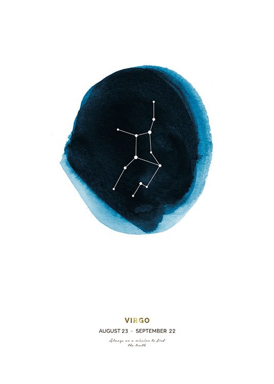 – Neitsyt-horoskooppimerkki sinisessä akvarelliympyrässä valkoisella taustalla