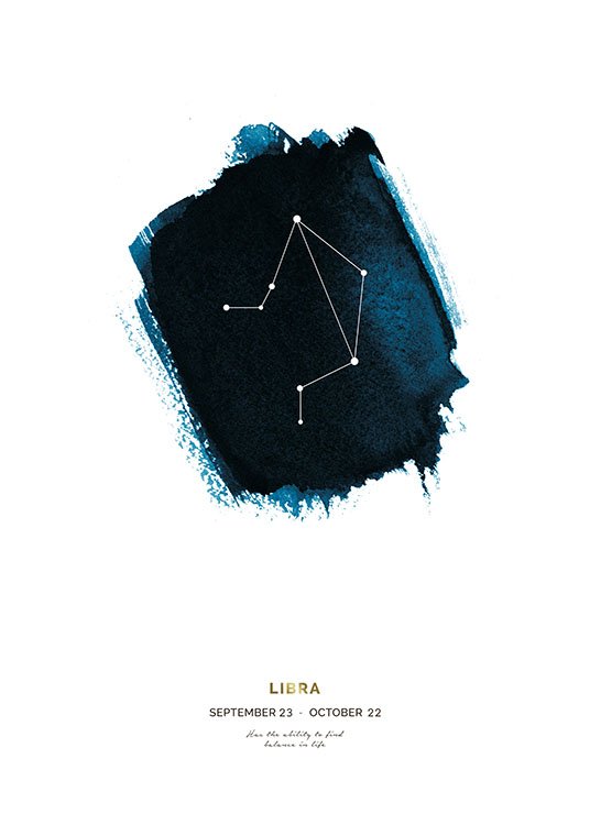 – Vaaka-horoskooppimerkki vasten sinistä muotoa ja teksti alapuolella