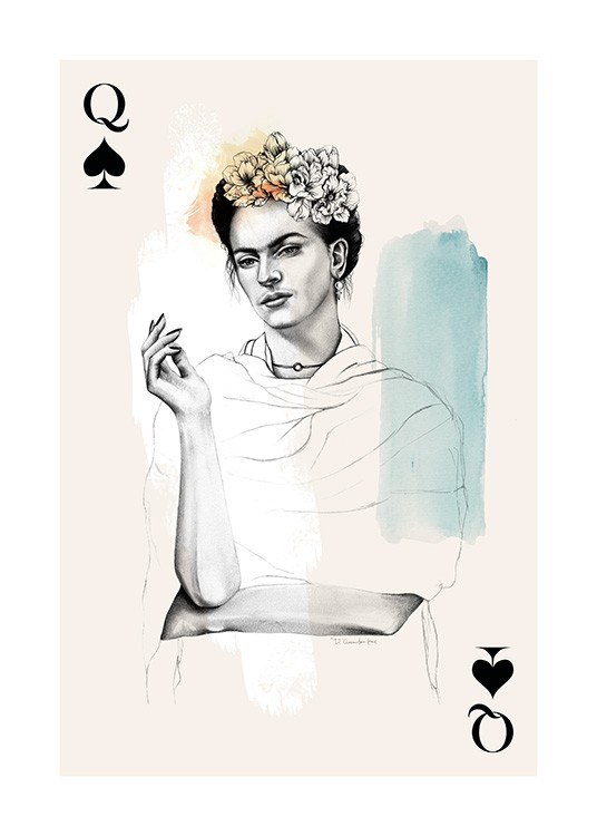 - Kuvitus Frida Kahlosta herttakuningattarena, päässään kukkakruunu
