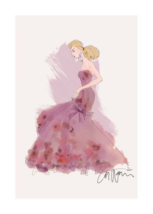  – Kuvitus naisesta pitkässä violetissa mekossa, jossa vaaleanpunaisia yksityiskohtia