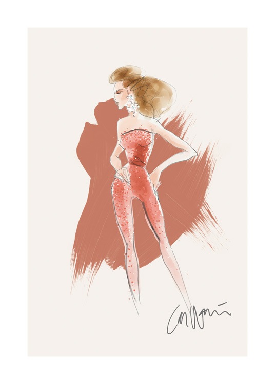 – Kuvitus punaisessa helmikoristeisessa housupuvussa seisovasta naisesta vasten beigeä taustaa, jossa punaisia siveltimenvetoja