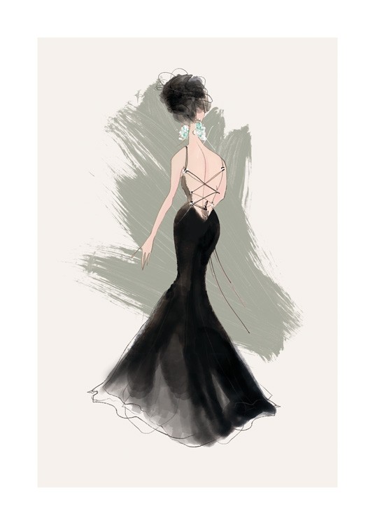  – Kuvitus naisesta pitsiselkäisessä mustassa mekossa ja timanttikorvakoruissa