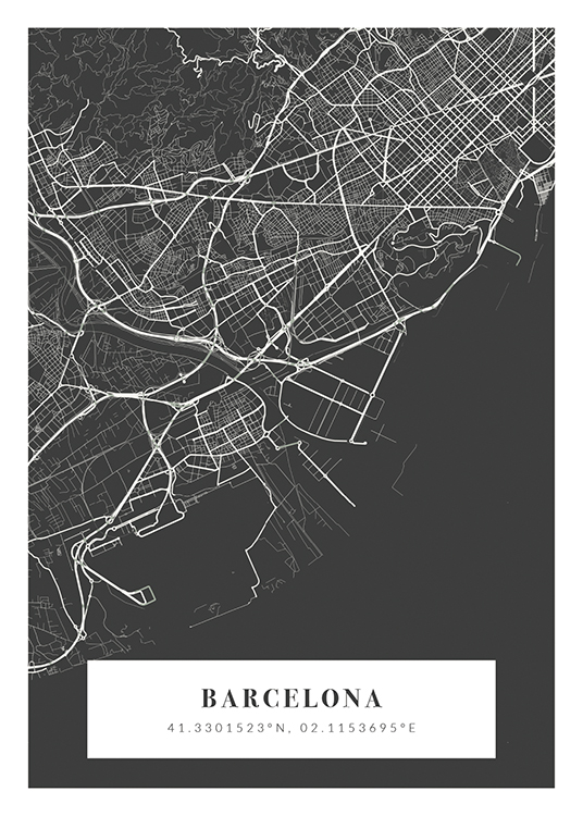  – Harmaavalkoinen kaupunkikartta, jonka alareunassa on kaupungin nimi ja koordinaatit