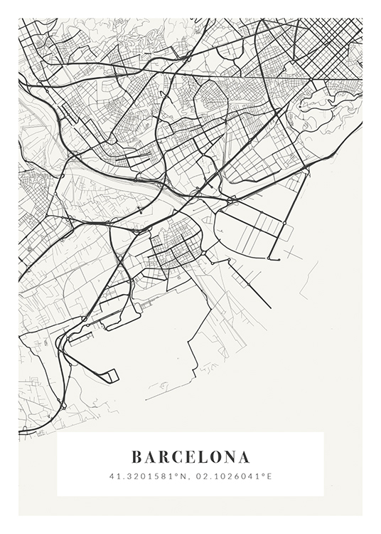  – Valkoharmaa kaupunkikartta, jonka alareunassa kaupungin nimi ja koordinaatit