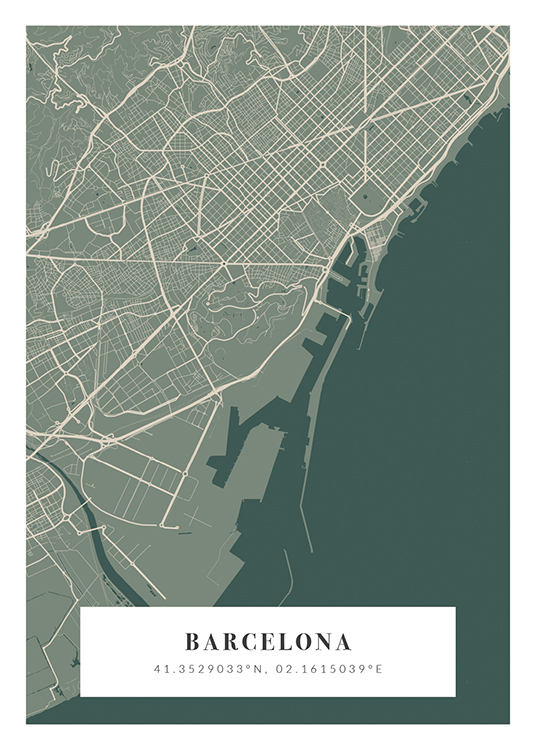  – Beige ja vihreä kaupunkikartta, jonka alareunassa kaupungin nimi ja koordinaatit