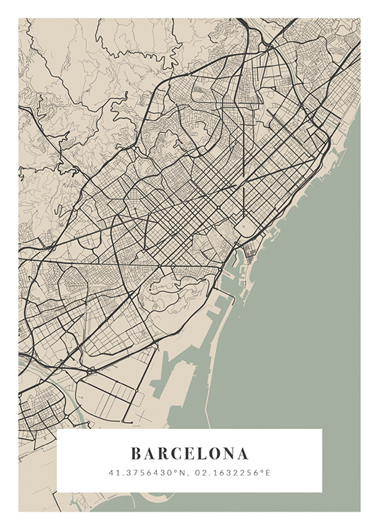  – Vaaleanvihreä, beige ja tummanharmaa kaupunkikartta, jossa nimi ja koordinaatit alareunassa