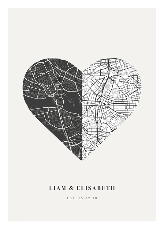  – Sydämen muotoinen mustavalkoinen kaupunkikartta vaaleanharmaalla taustalla ja tekstillä alareunassa